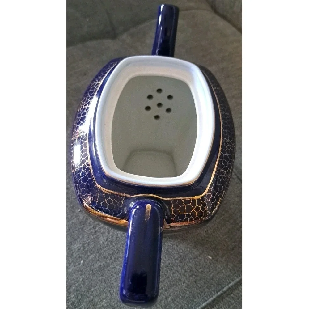Vtg Hollywood Hall Teapot Cobalt Blue 24KT Gold Plated #103 6 Cup Missing Lid‎